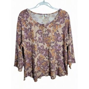 Cato Womens 18/20W Henley Top Purple Floral Waffle Knit 3/4 Sleeve Thermal